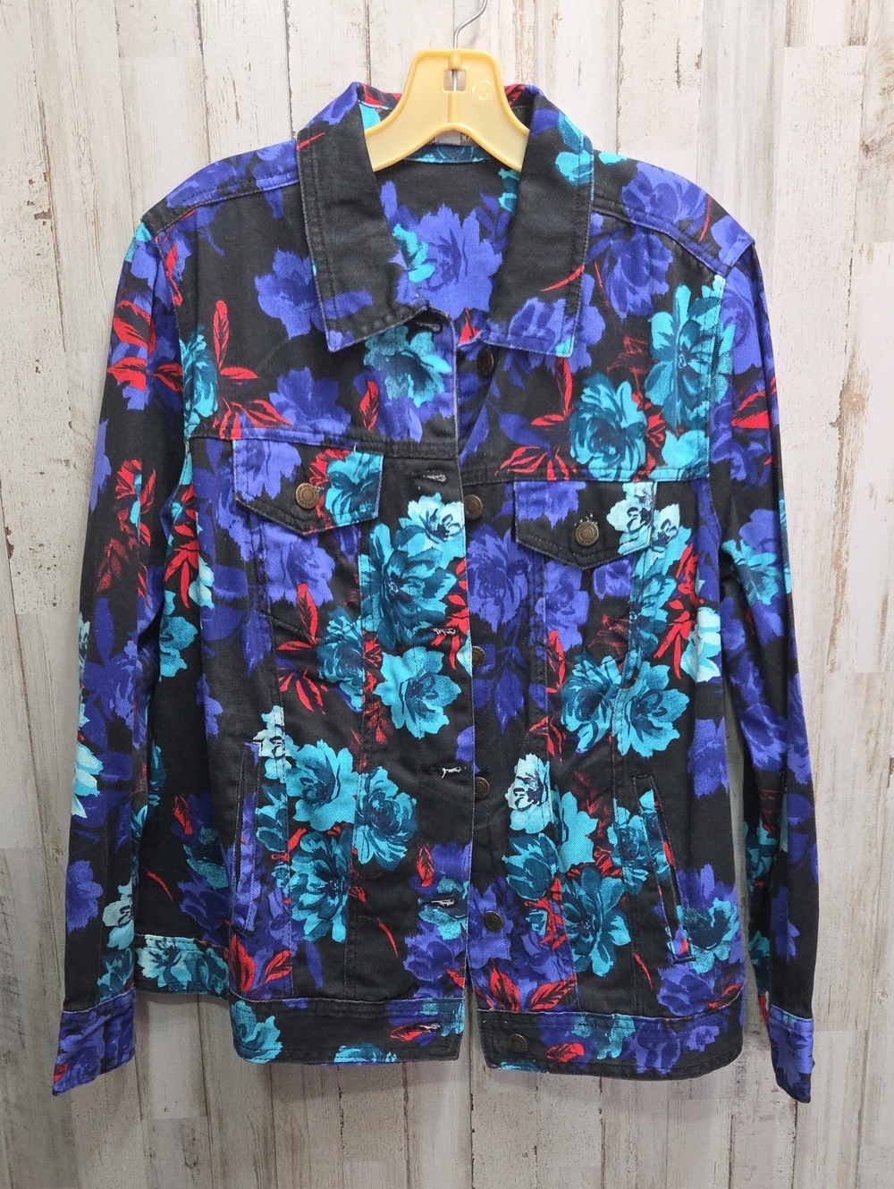 Jessica London Floral Denim Jacket Button Front Pockets Black Blue Purple 16W